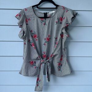 Blu Pepper Striped Floral Flutter Sleeve Peplum Blouse with Attached Front Tie